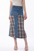 High Waist Denim Plaid Splice Skirt