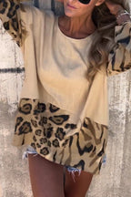Leopard Print Loose-fitting Round Neck Long-sleeved Casual Top