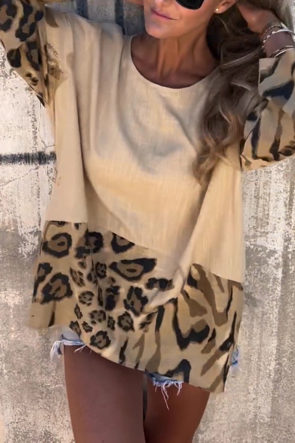 Leopard Print Loose-fitting Round Neck Long-sleeved Casual Top