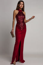 Velvet Sequin Slit Midi Bodycon Dress