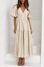 V-neck Puff Sleeve Elastic Waist Tiered Maxi Dress