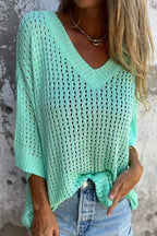 Fashionable Hollow V-neck Long-sleeved Casual Loose Knitted Top