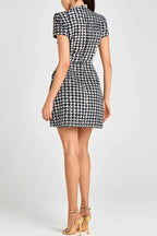 Eve Check Bouclé-tweed Fabric Pearl Trim Short Sleeve Pocketed Mini Dress