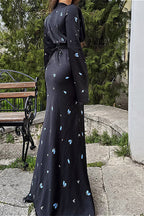 Satin V Neck Long Sleeve Tie Waist Elegant Maxi Floral Dress