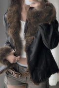 Faux Leather Fur Collar Coat