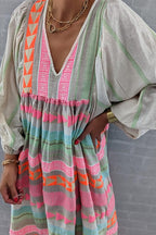 Pink Greek Key and Orange Chain Striped Print Midi Dress
