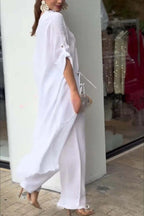 Tehla Linen Blend Ring Tie-up Detail Midi Blouse and Elastic Waist Pocketed Loose Pants Set