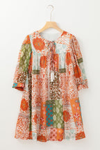 Orange Boho Paisley Mixed Print 3 4 Sleeve Chiffon Loose Dress