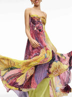 Spaghetti Strap Waisted Floral Print Swing Maxi Dress