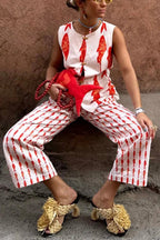 Good Luck Linen Blend Koi Pattern High Rise Elastic Waist Loose Pants