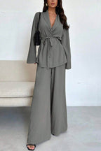 Solid Color Collared Long-sleeved Tie-waist Loose Top and Elastic Waist Casual Wide-leg Pants Set