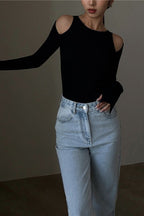 Retro Crew Neck Off-Shoulder Split-Cuff Slim Knit Top