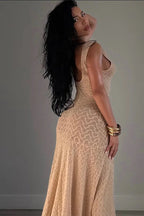 Sexy O Neck See Through Fit and Flare Maxi Dress