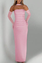 Sheer Sleeve Bustier Gown Formal Dress