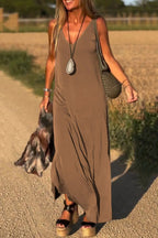 Solid Color V-neck Sleeveless Casual Loose Maxi Dress