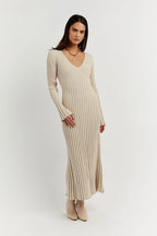 Sasha Timeless Knitted Midi Dress with V Neck and Sleeves Evening Wear Edit
