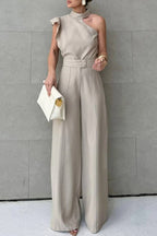 Fashionable One-shoulder Ruffled Top and Casual Simple Straight-leg Suit Pants Set