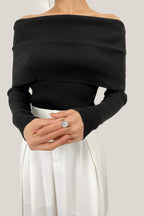 Black Off-the-Shoulder Ribbed Knit Sweater