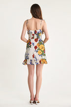 Ivory Floral Print Tie Strap Ruffled Hem Mini Dress