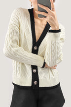 Beige Contrast V-Neck Knitted Cardigan