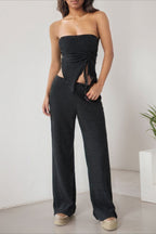 Sexy Wrap Front Split Hem Top Straight Pants Set