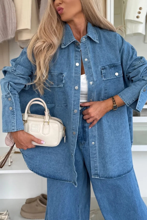 Stylish Denim  Button Down Long Sleeve Pocket Oversized Blouse