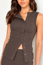 Ribbed Knit Collared Sleeveless Button-Front Split Top