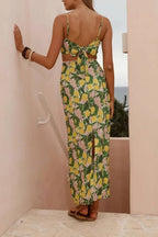 Lemon Print Lace-Trim Strap Backless Two-Piece Maxi Dress