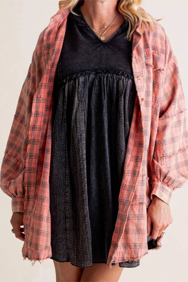 Women's Mineral Washed Button Down Plaid Flannel Shirt