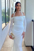 Halter Neck Off-Shoulder Ruched Long Sleeve Maxi Dress