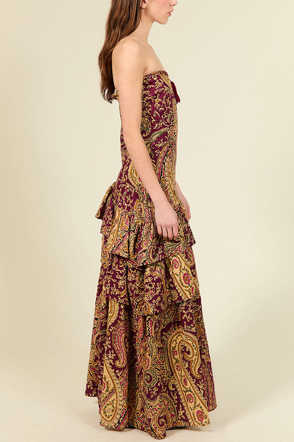 Ailen Paisley Print One Shoulder Tassel Details Ruffle Hem Maxi Dress