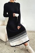 Vintage Black White Stripe Knit Pleated Midi Dress