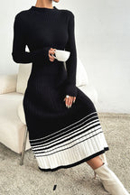 Vintage Black White Stripe Knit Pleated Midi Dress