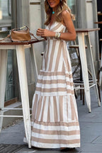 Summer Striped Print Patchwork Ruched Backless Maxi Dress