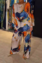 Ink Wash Floral Print Batwing Sleeve Wide Leg Pants Set