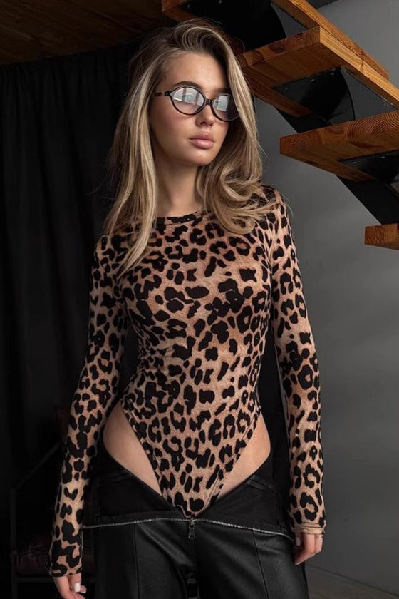 Knit Leopard Print Crew Neck Slim Long Sleeve Bodysuit