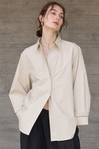 White High-Density Cotton Long-Sleeve Collared Blouse