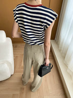 French Layered Striped Small Fly Sleeve Crew Neck Knitted Sweater T-Shirt