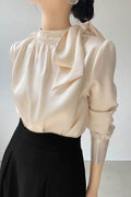 Bow Tie Front Soft Workwear Slim Long Sleeve Blouse