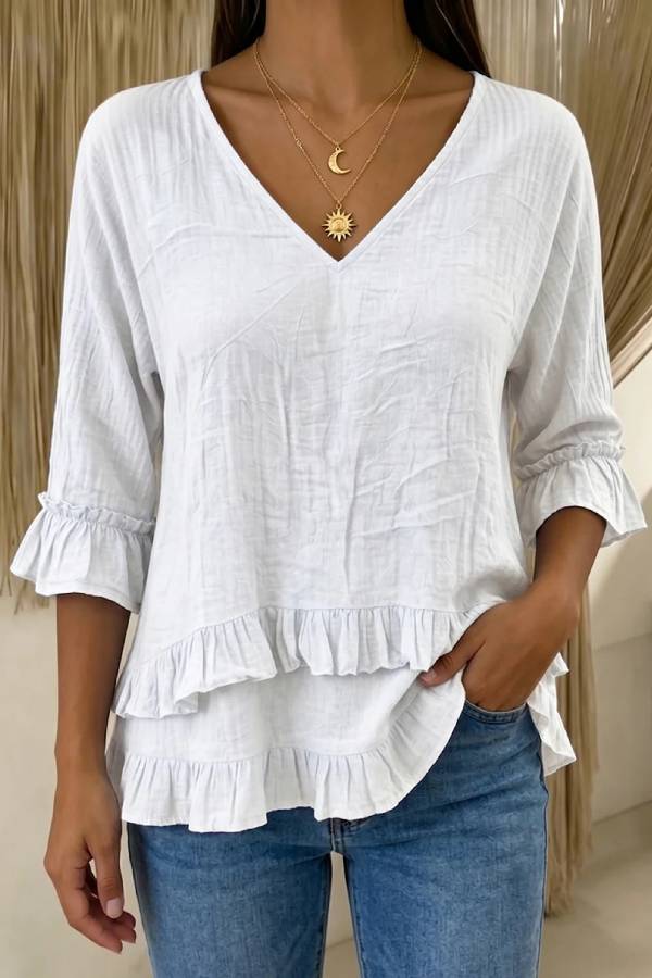 V-Neck Ruffle Hem Elbow Sleeve Blouse