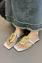 Versatile Square Toe Thong Casual Flat Metal Buckle Sandals