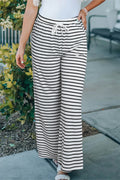 Striped Casual Drawstring Wide Leg Pants with Pockets