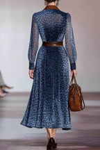 Vintage Blue Leopard Print Shirt Collar See-Through Long Sleeve Dress（No belt included）