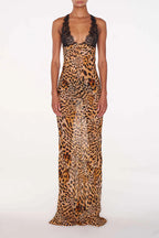 Rosalinda Abstract Floral Print Lace Patchwork Back Lace-up Maxi Dress