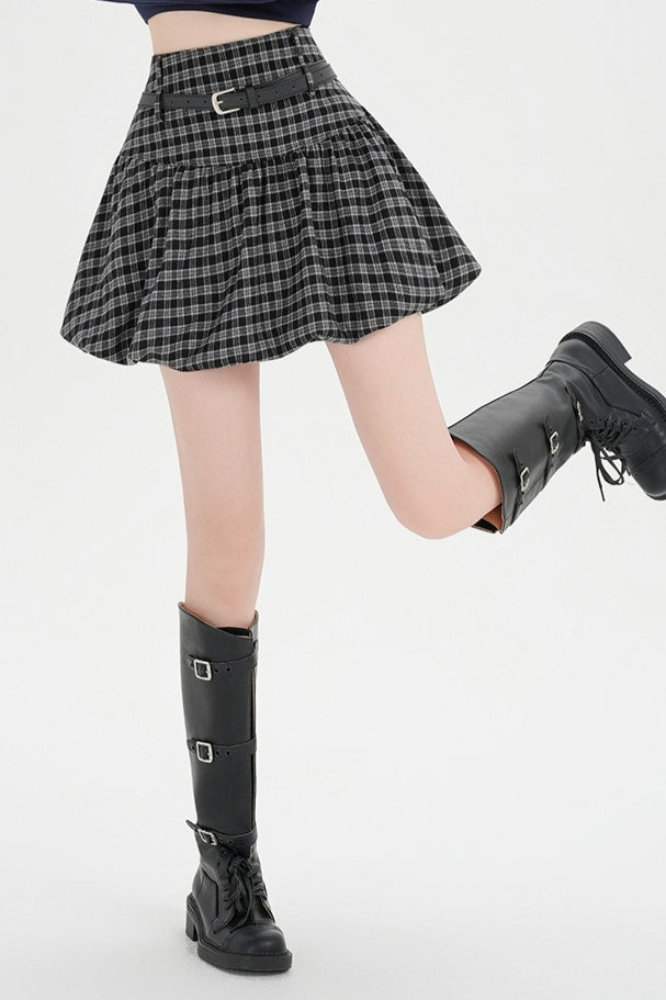 Plaid Bubble A-line Khaki Short Skirt