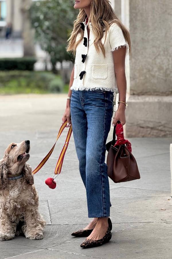 White Tweed Short-Sleeve Chanel-Style Jacket