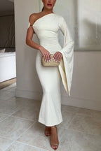 Ariarne Asymmetric Neck Long Draped Sleeve Gold Hardware Detail Midi Stretch Dress
