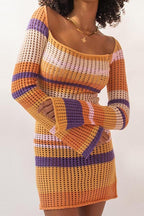 Striped Knit Sexy Cut Out Mini Bodycon Sweater Dress