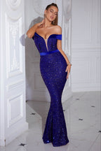 Sequin Off Shoulder Slit Formal Dress