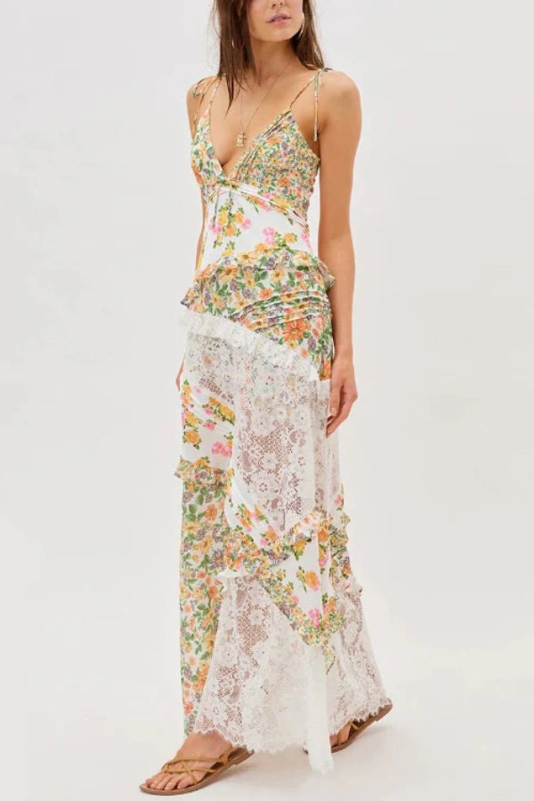 Fashionable Floral Print Lace Patchwork Hollow-out Slim Fit Vacation Ruffle Maxi Dress